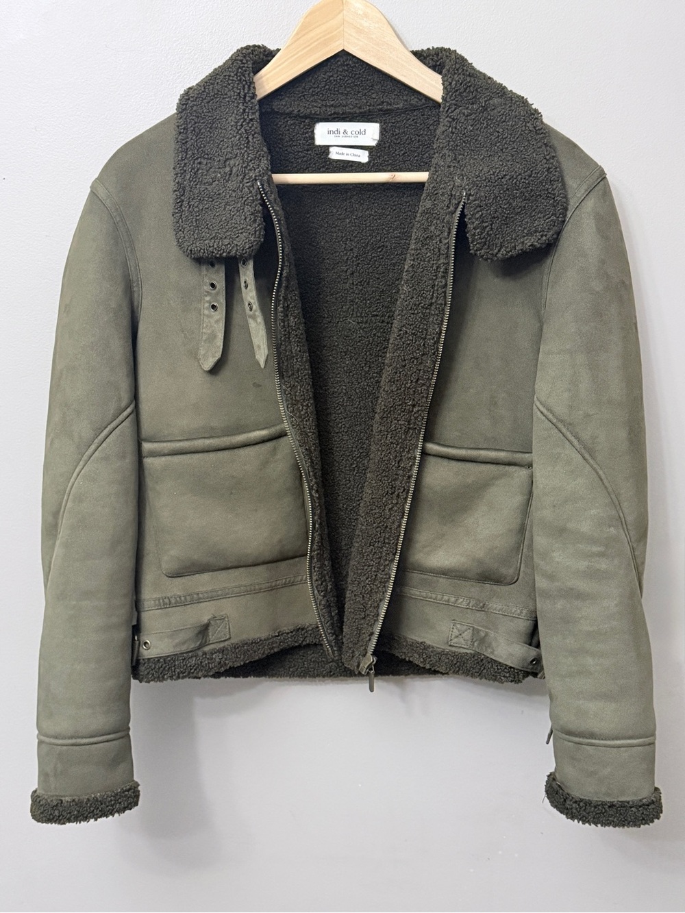 Indi & Cold Faux Shearling Aviator Jacket Suede Biker Coat Olive Green XS